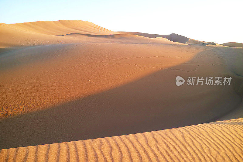 Vast sand dunes with beautiful sand ripples in the sunlight at Huacachina desert, Ica region, Peru, South America